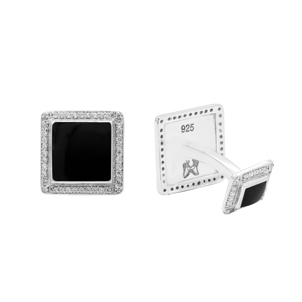 Square Silver cufflinks with black onyx and zircon stones