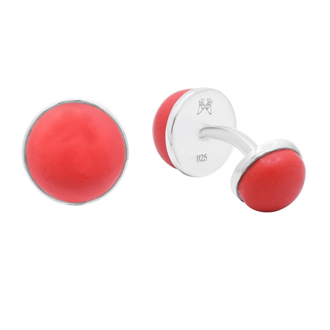 Round Silver cufflinks with red lab coral