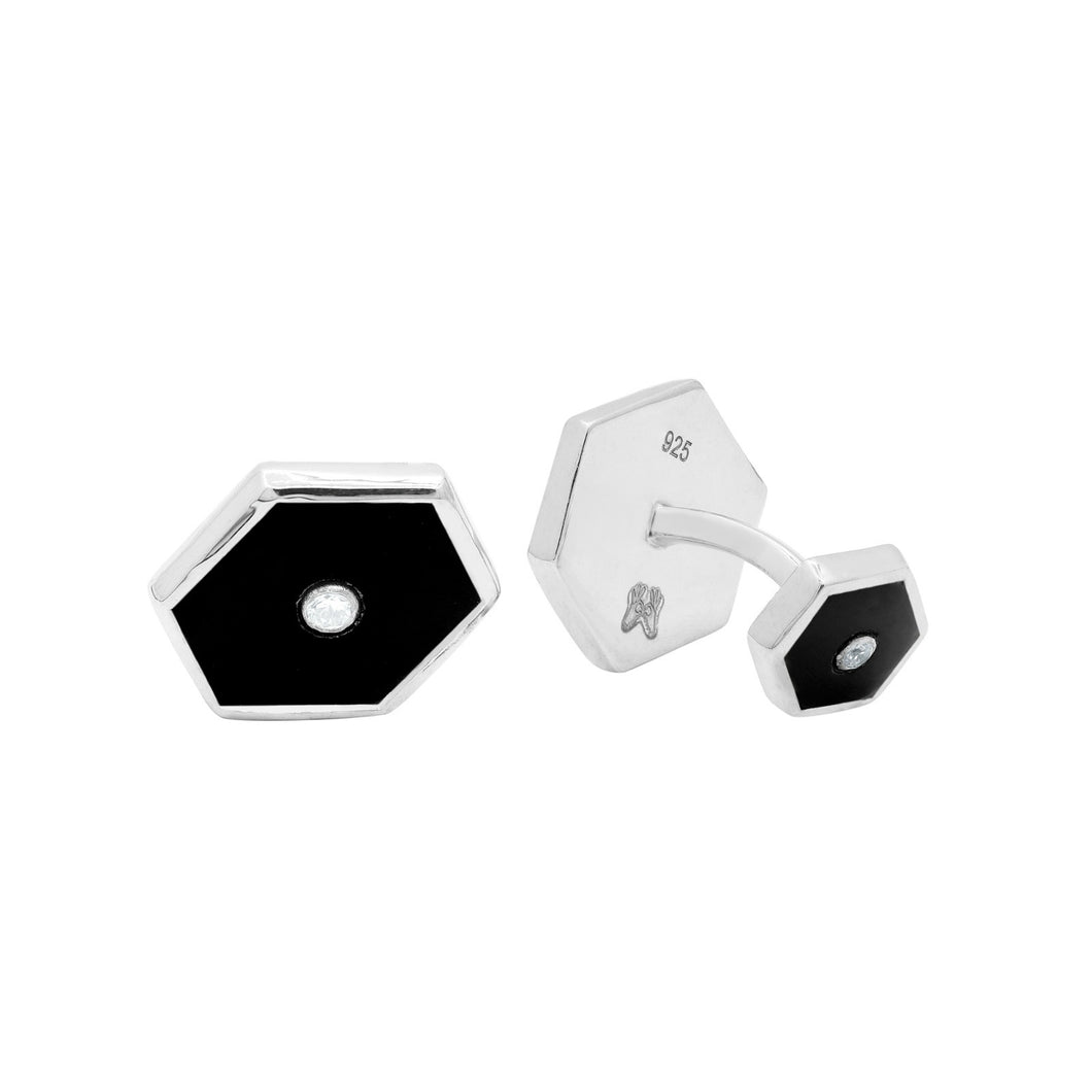 Hexagon Silver cufflinks with black onyx and zircon stone